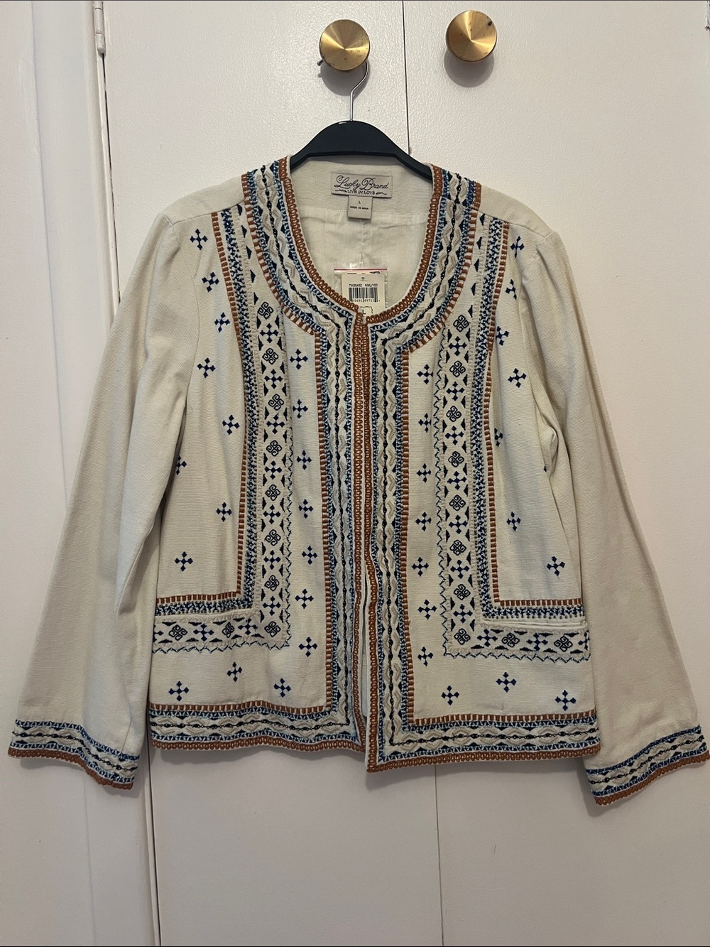 NWT Bead-Embroidered Cream Cardigan with Navy & Rust Accents